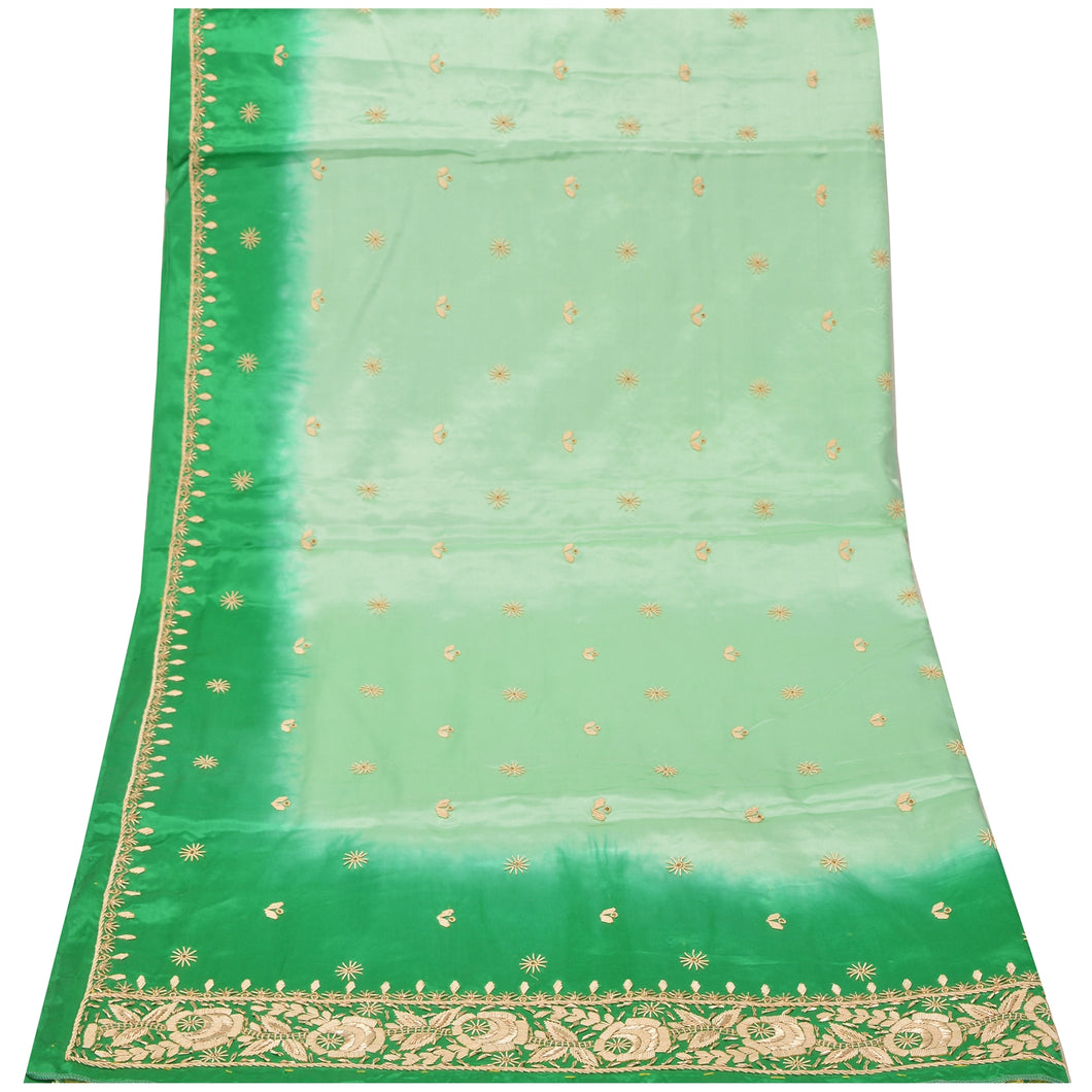 Sanskriti Vintage Heavy Dupatta 100% Pure Satin Silk Green Hand Beaded Stole