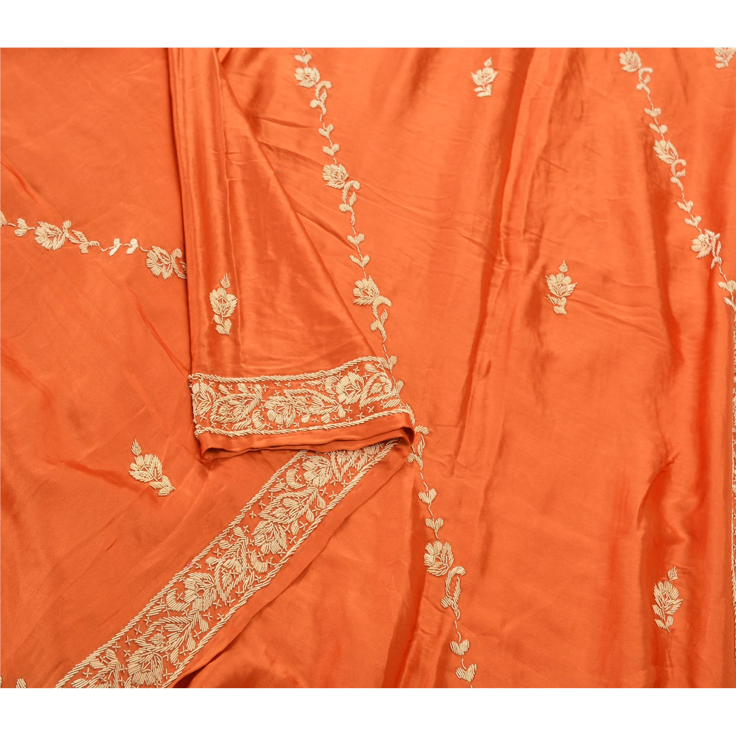 Sanskriti Vintage Heavy Dupatta Pure Satin Silk Orange Hand Embroidered Stole
