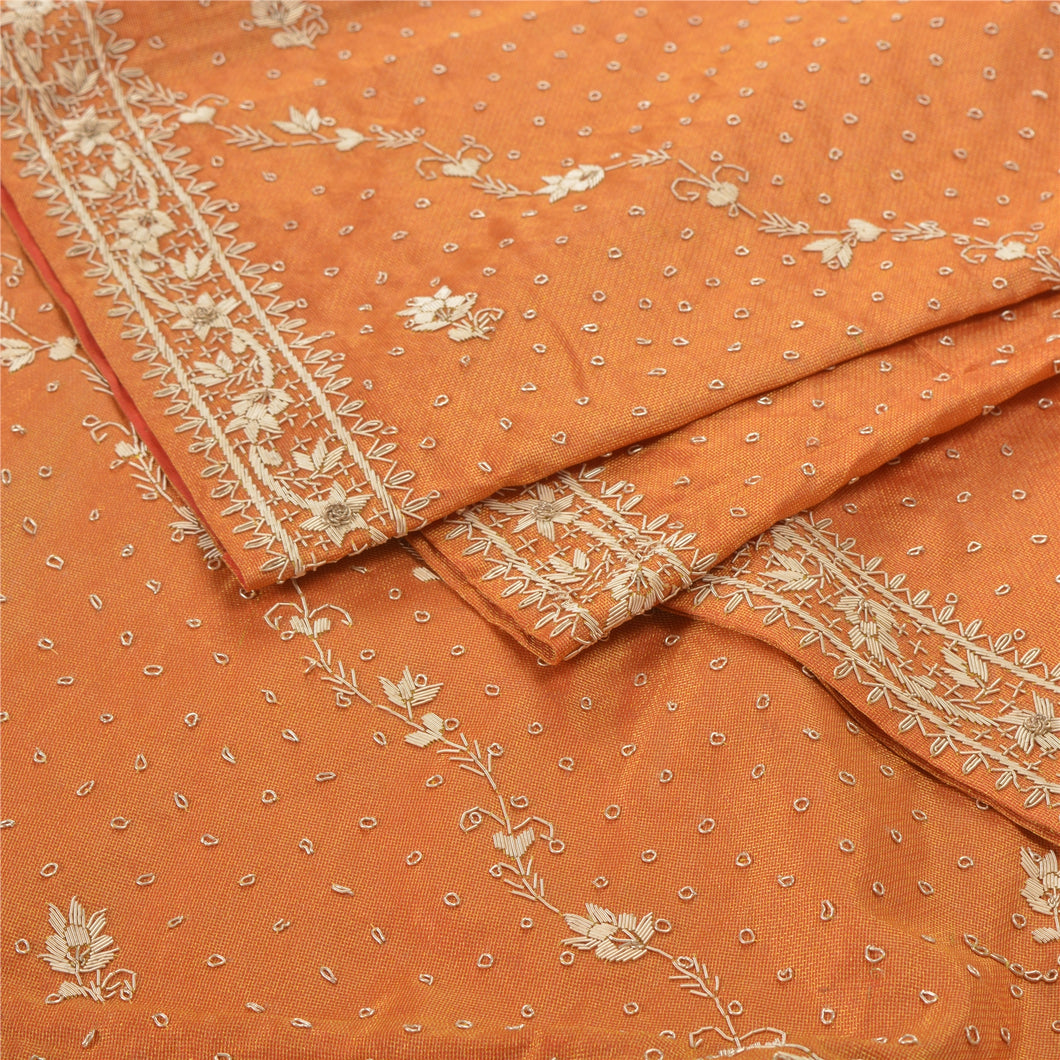 Sanskriti Vintage Heavy Dupatta 100% Pure Tissue Silk Orange Hand Beaded Stole