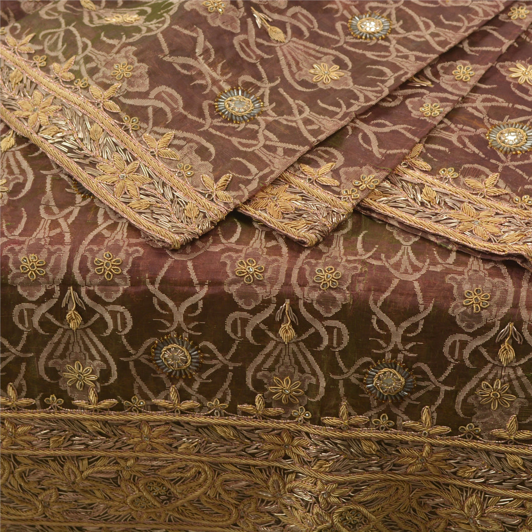 Sanskriti Vintage Heavy Dupatta Pure Tissue Silk Brown Hand Beaded Woven Stole