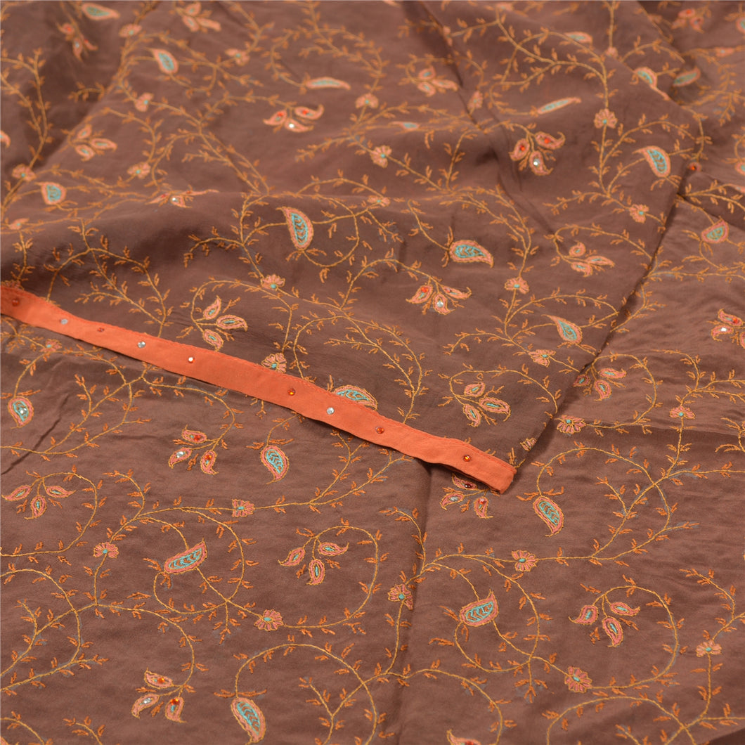 Sanskriti Vintage Heavy Dupatta Pure Crepe Silk Brown Hand Beaded Suzani Stole