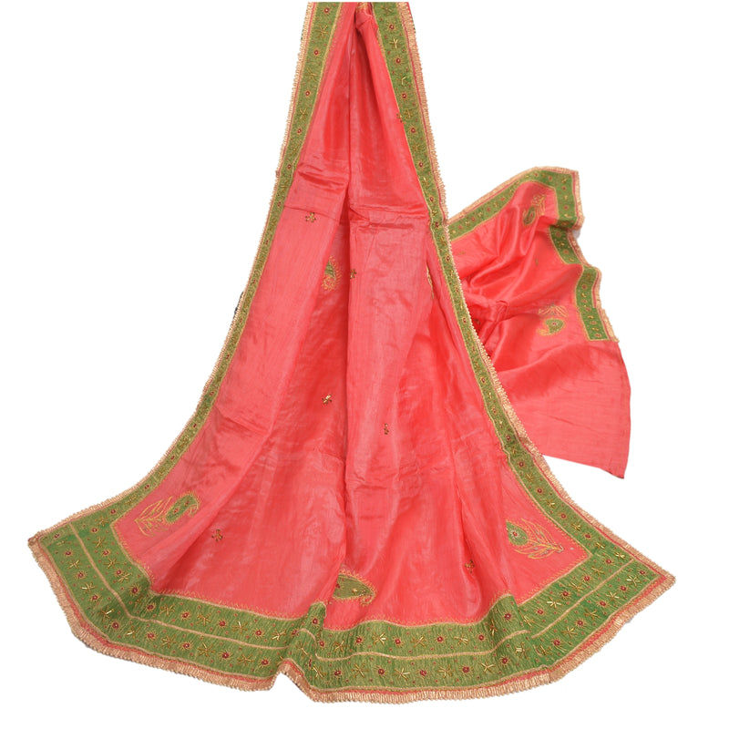 Sanskriti Vintage 100% Pure Silk Coral Dupatta Hand Beaded Zardozi, Lace Wrap Stole Home Decor, Sewing, Upcycling, DIY Projects, Crafting