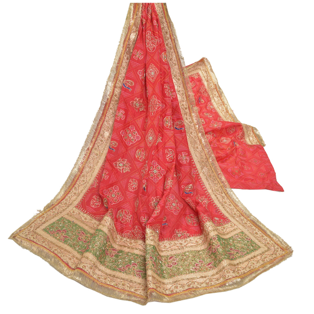 Sanskriti Vintage Red Heavy Dupatta Pure Satin Silk Hand Beaded Ethnic Stole