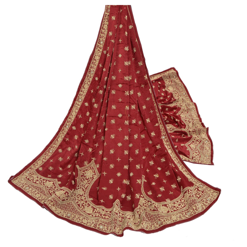 Sanskriti Vintage Tung Dupatta Ren Satin Silke Rød Håndperlet Zardozi Stola