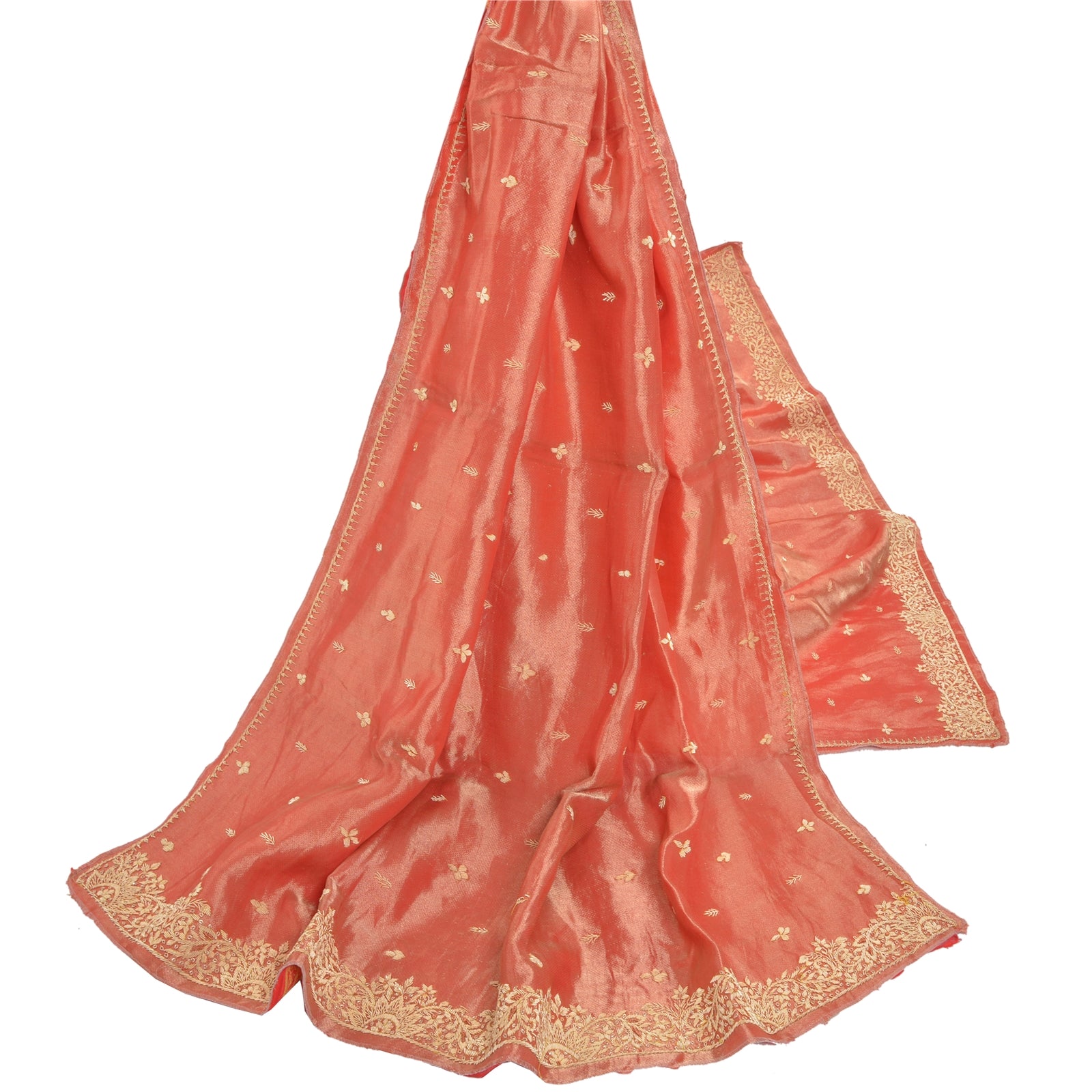 Sanskriti Vintage Heavy Dupatta Tissue Golden Red Hand Embroidered Zardozi Stole