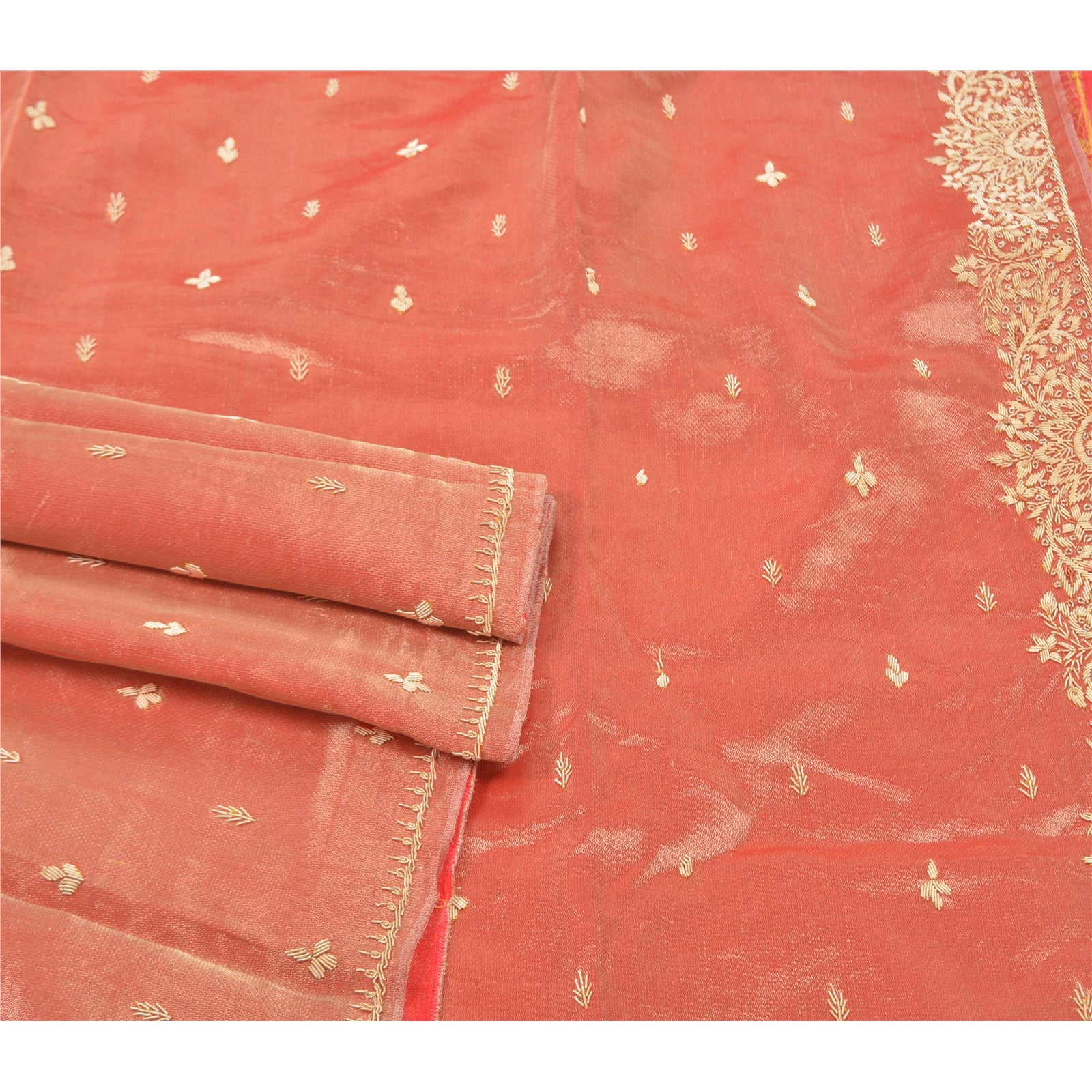 Sanskriti Vintage Heavy Dupatta Tissue Golden Red Hand Embroidered Zardozi Stole