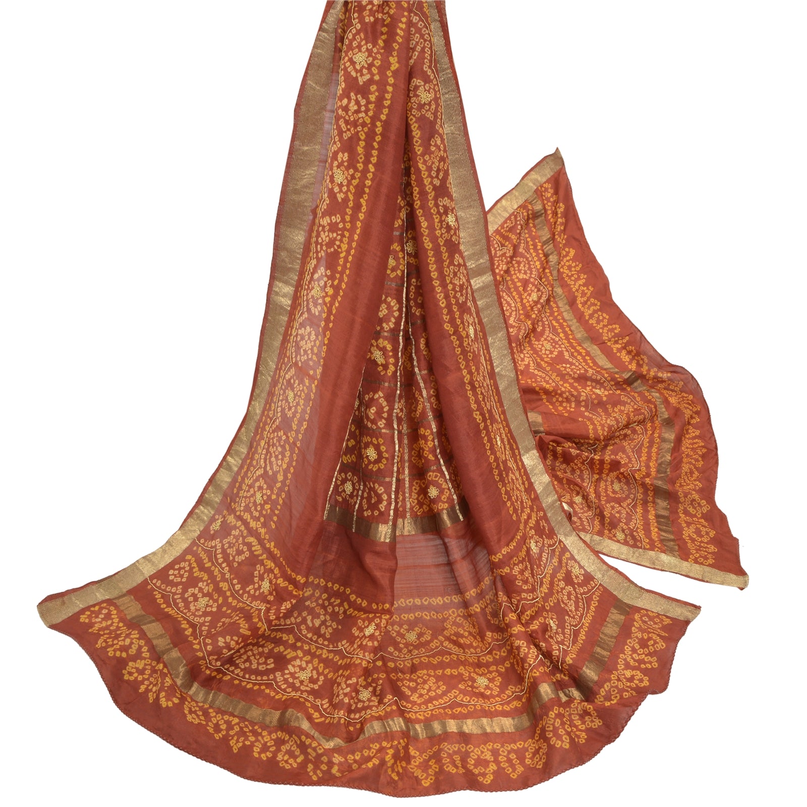 Sanskriti Vintage Dupatta Pure Silk Brown Handmade Bandhani Gharchola Gujrat India Stole For Dressmaking,Craft Supplies,Upcyclers,Decor