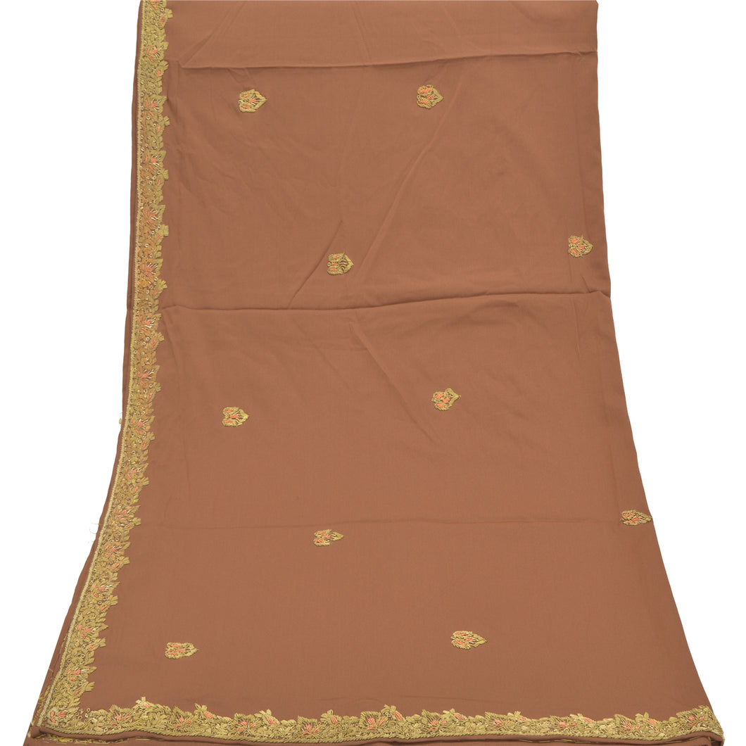 Sanskriti Vintage Heavy Dupatta Pure Crepe Silk Brown Handmade Zardozi Stole