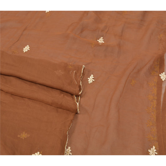 Sanskriti Vintage Heavy Dupatta Pure Chiffon Silk Brown Handmade Zardozi Stole