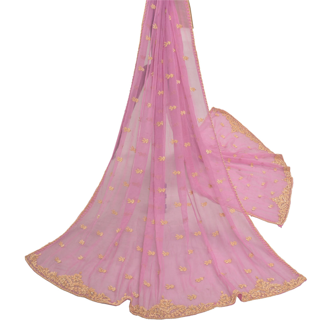 Sanskriti Vintage Heavy Dupatta Pure Chiffon Silk Pink Handmade Zardozi Stole