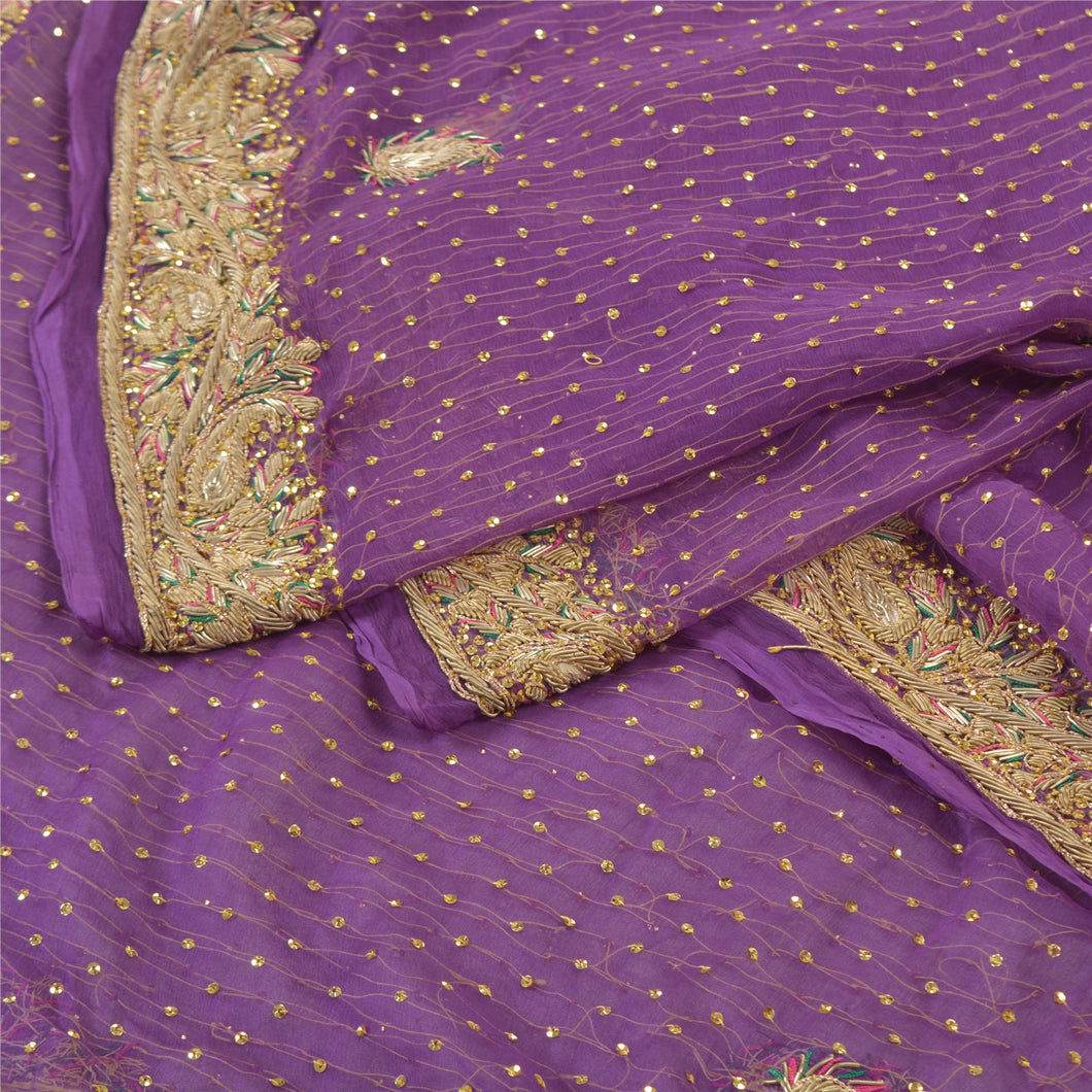 Sanskriti Vintage Heavy Dupatta 100% Pure Chiffon Silk Purple Hand Beaded Stole