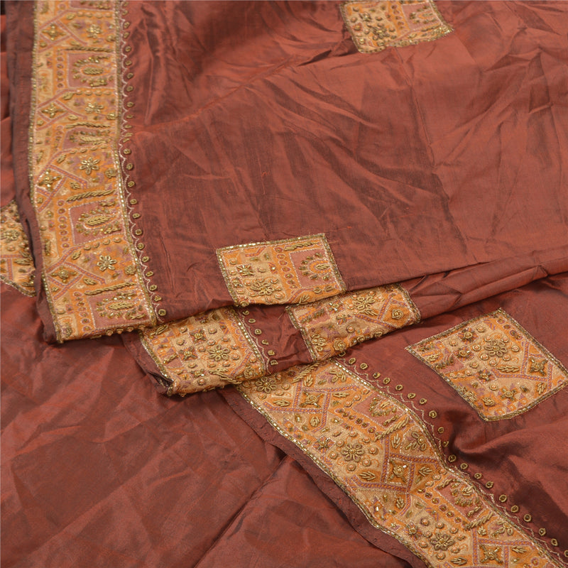 Sanskriti Vintage Long Dupatta Pure Silk Brown Hand Beaded Zardozi Rare Scarves Stole Indian Heritage Textile Women Traditional Dress
