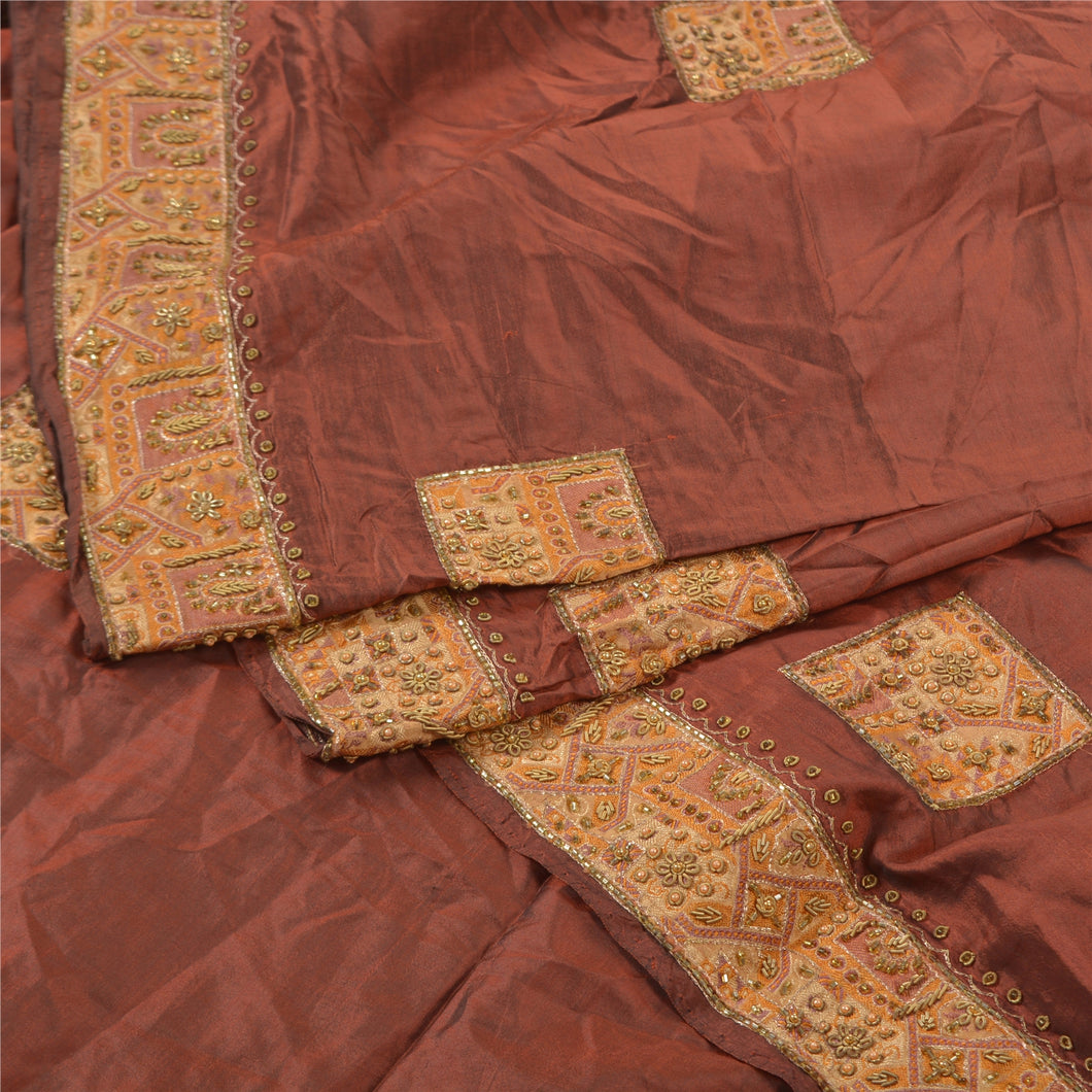 Sanskriti Vintage Heavy Dupatta 100% Pure Silk Brown Hand Beaded Zari Stole