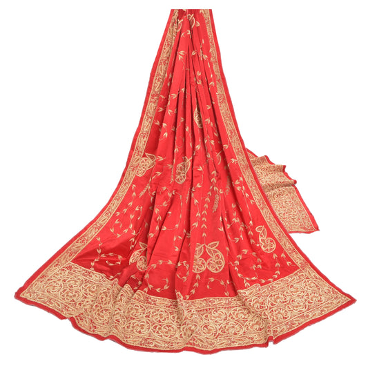Sanskriti Vintage Heavy Dupatta Pure Satin Silk Red Hand Beaded Zardozi Stole