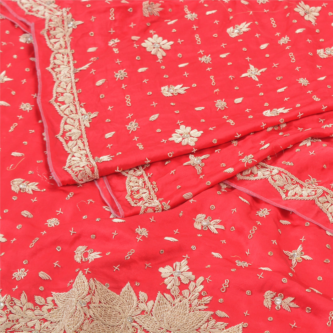 Sanskriti Vintage Heavy Dupatta Pure Satin Silk Red Hand Beaded Zardozi Stole