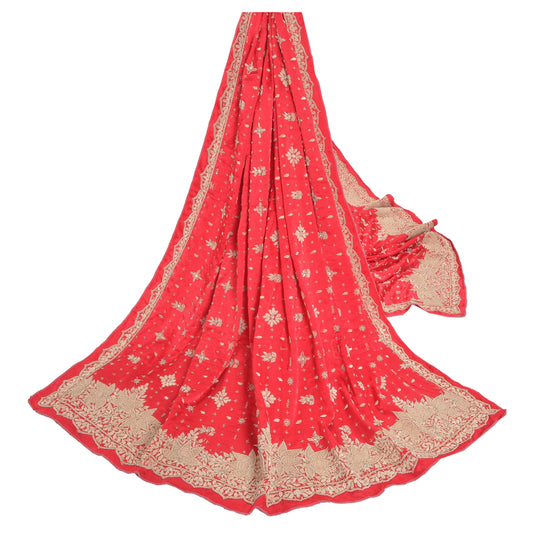 Sanskriti Vintage Heavy Dupatta Pure Satin Silk Red Hand Beaded Zardozi Stole