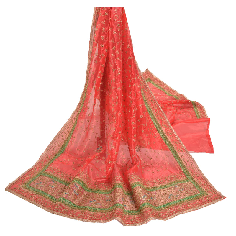Sanskriti Vintage Art Silk Red Dupatta Hand Embroidered Zardozi Work Wedding Stole Crafting, Upcycling, Recycling, Dress Making,Home Decor