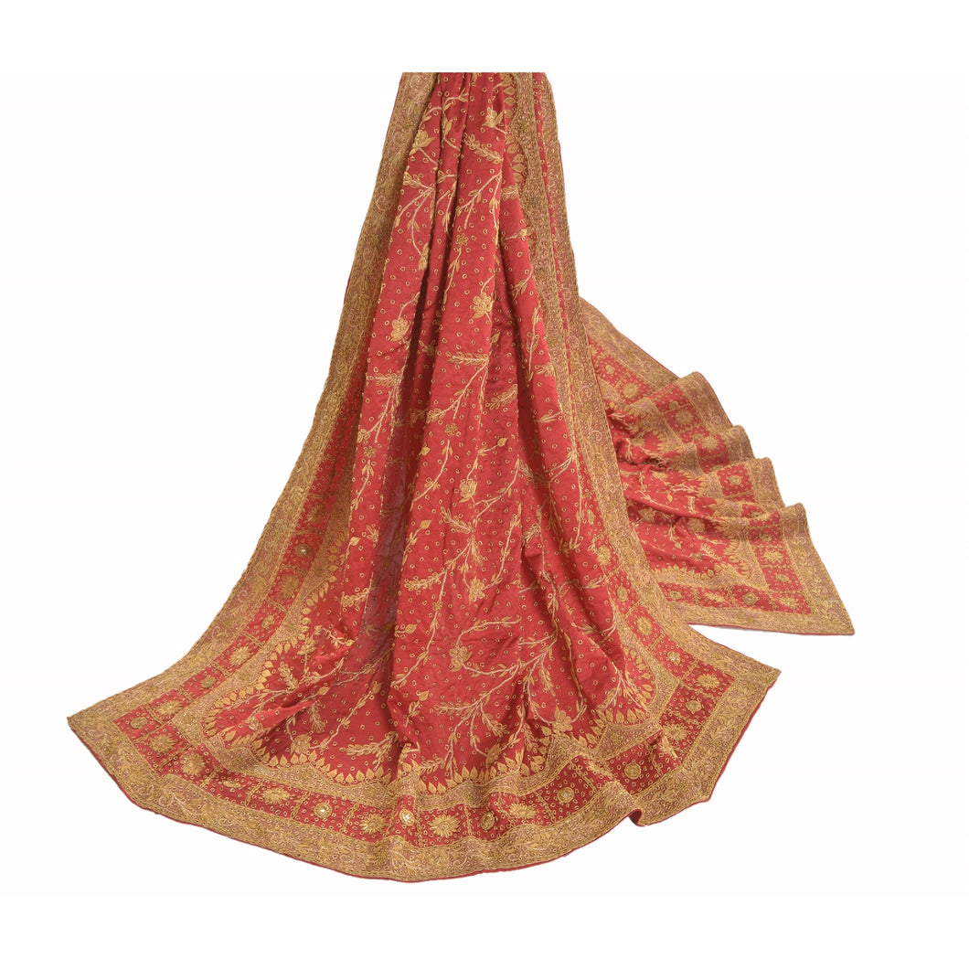 Sanskriti Vintage Heavy Dupatta 100% Pure Satin Silk Red Hand Beaded Stole