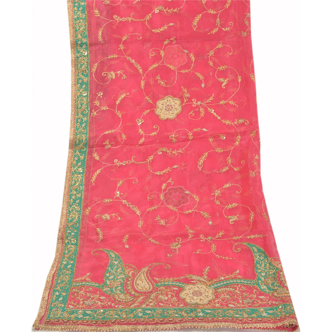 Sanskriti Vintage Heavy Dupatta Pure Organza Silk Hand Beaded Zardozi Pink Stole