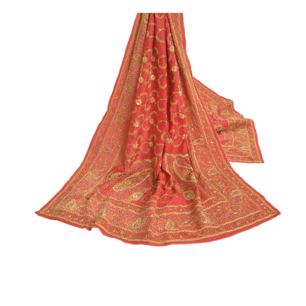 Sanskriti Vintage Heavy Dupatta Pure Silk Red Hand Beaded Zardozi Work Stole