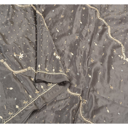 Sanskriti Vintage Heavy Dupatta 100% Pure Satin Silk Grey Hand Beaded Stole