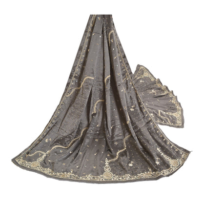 Sanskriti Vintage Heavy Dupatta 100% Pure Satin Silk Grey Hand Beaded Stole