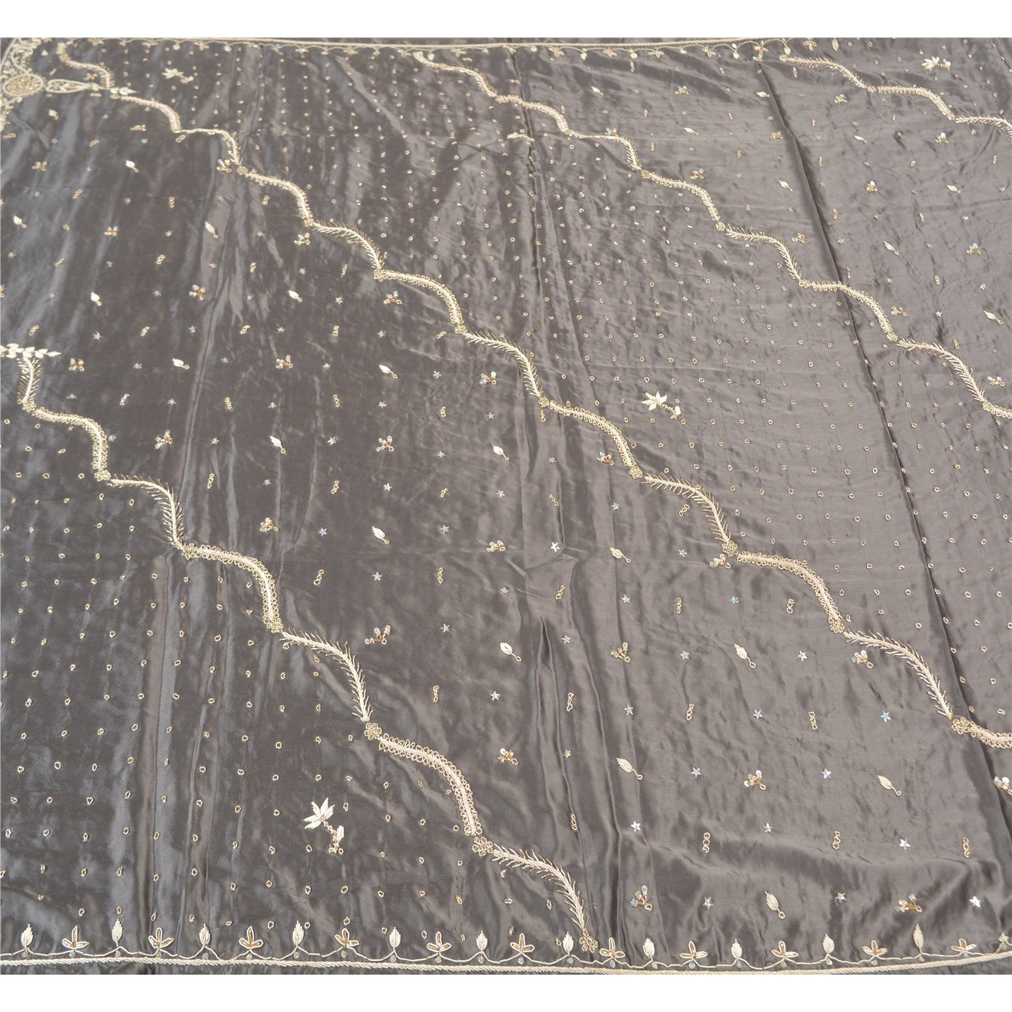 Sanskriti Vintage Heavy Dupatta 100% Pure Satin Silk Grey Hand Beaded Stole