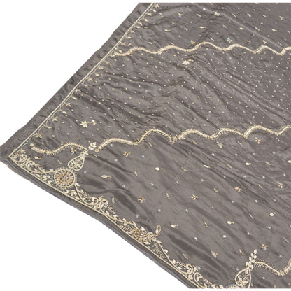 Sanskriti Vintage Heavy Dupatta 100% Pure Satin Silk Grey Hand Beaded Stole