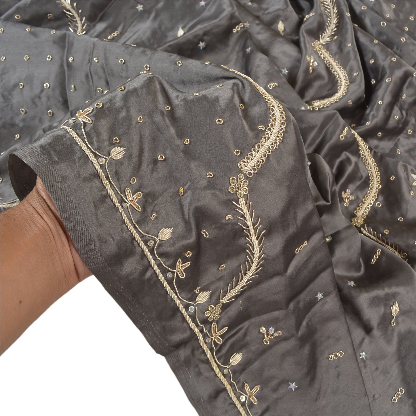 Sanskriti Vintage Heavy Dupatta 100% Pure Satin Silk Grey Hand Beaded Stole