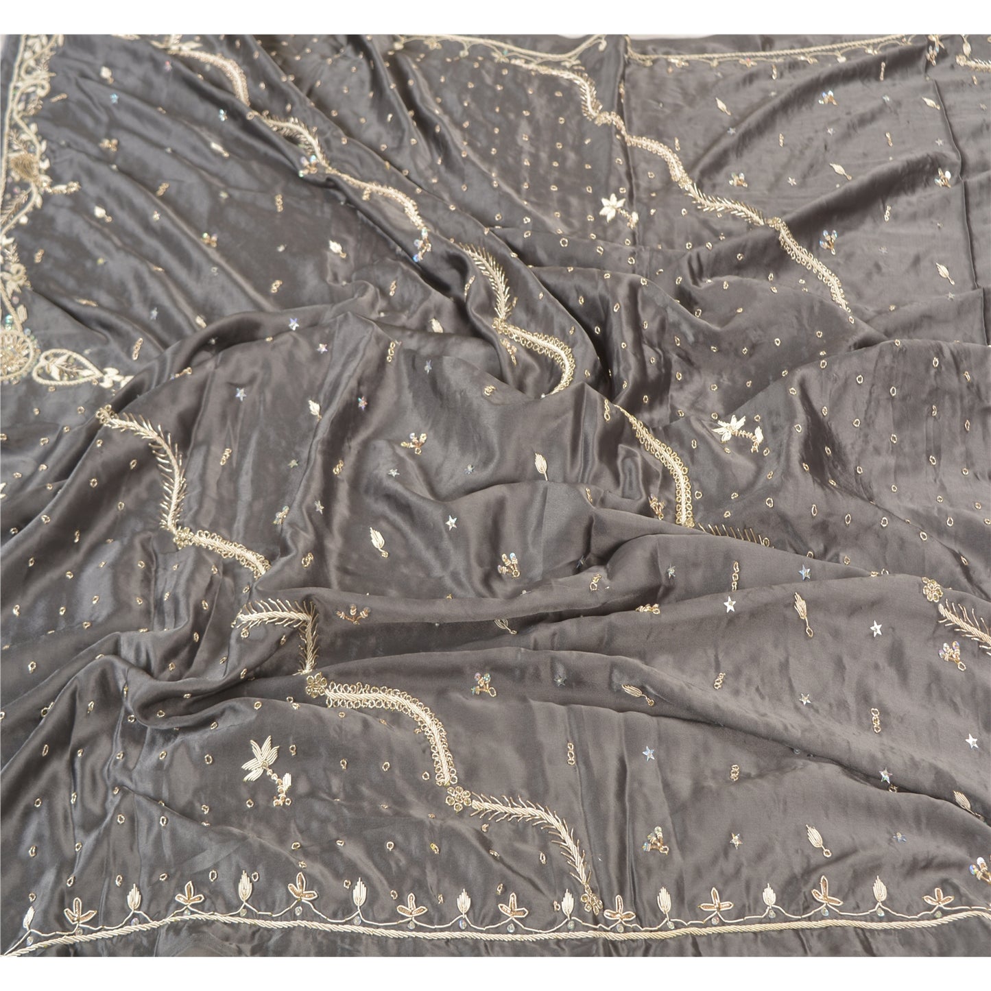 Sanskriti Vintage Heavy Dupatta 100% Pure Satin Silk Grey Hand Beaded Stole