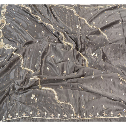 Sanskriti Vintage Heavy Dupatta 100% Pure Satin Silk Grey Hand Beaded Stole