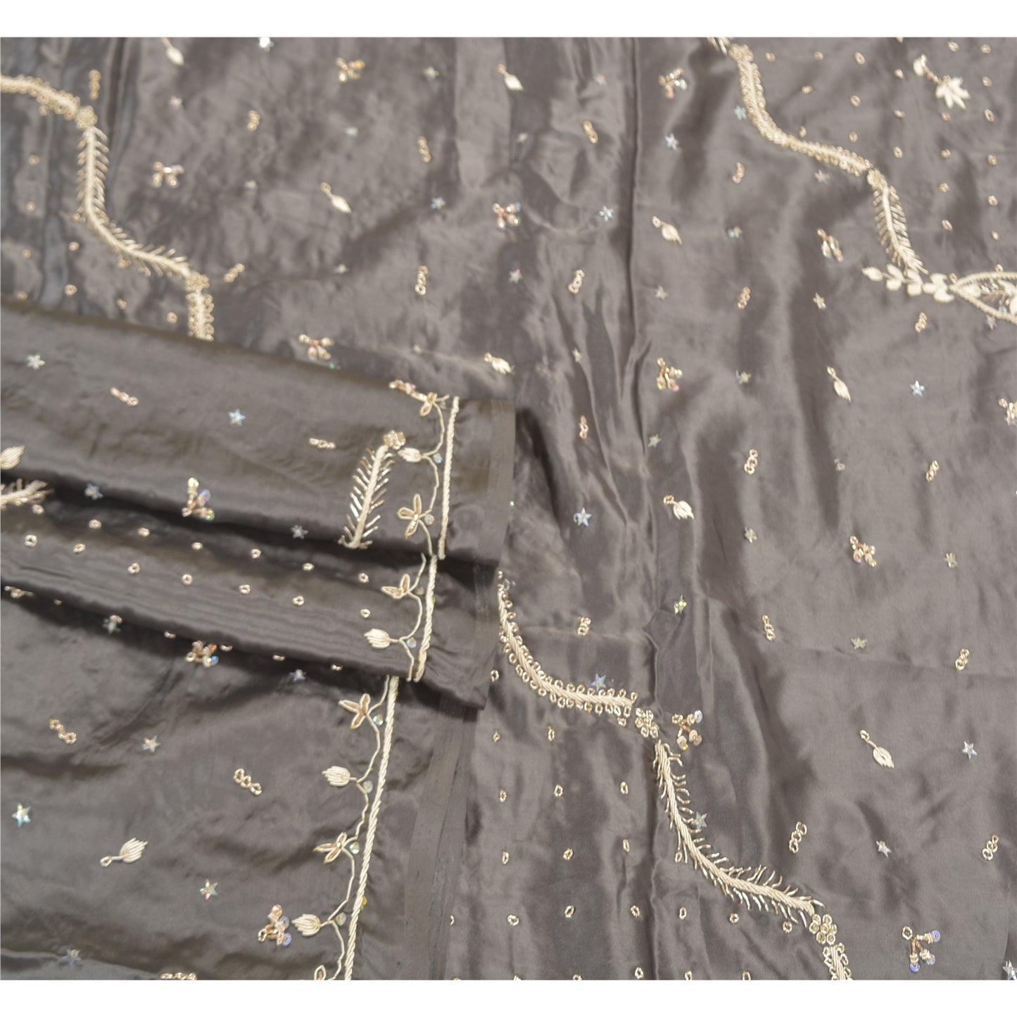 Sanskriti Vintage Heavy Dupatta 100% Pure Satin Silk Grey Hand Beaded Stole