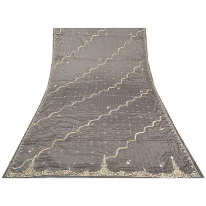 Sanskriti Vintage Heavy Dupatta 100% Pure Satin Silk Grey Hand Beaded Stole