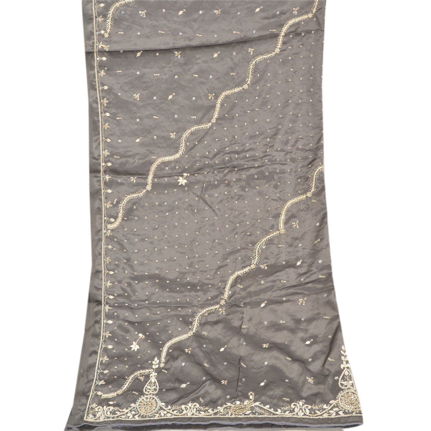 Sanskriti Vintage Heavy Dupatta 100% Pure Satin Silk Grey Hand Beaded Stole