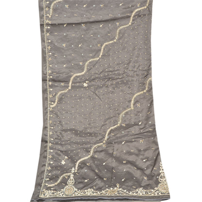 Sanskriti Vintage Heavy Dupatta 100% Pure Satin Silk Grey Hand Beaded Stole