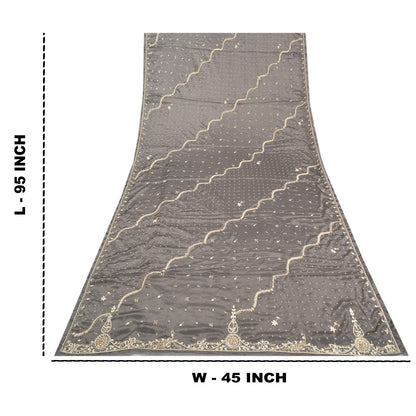 Sanskriti Vintage Heavy Dupatta 100% Pure Satin Silk Grey Hand Beaded Stole