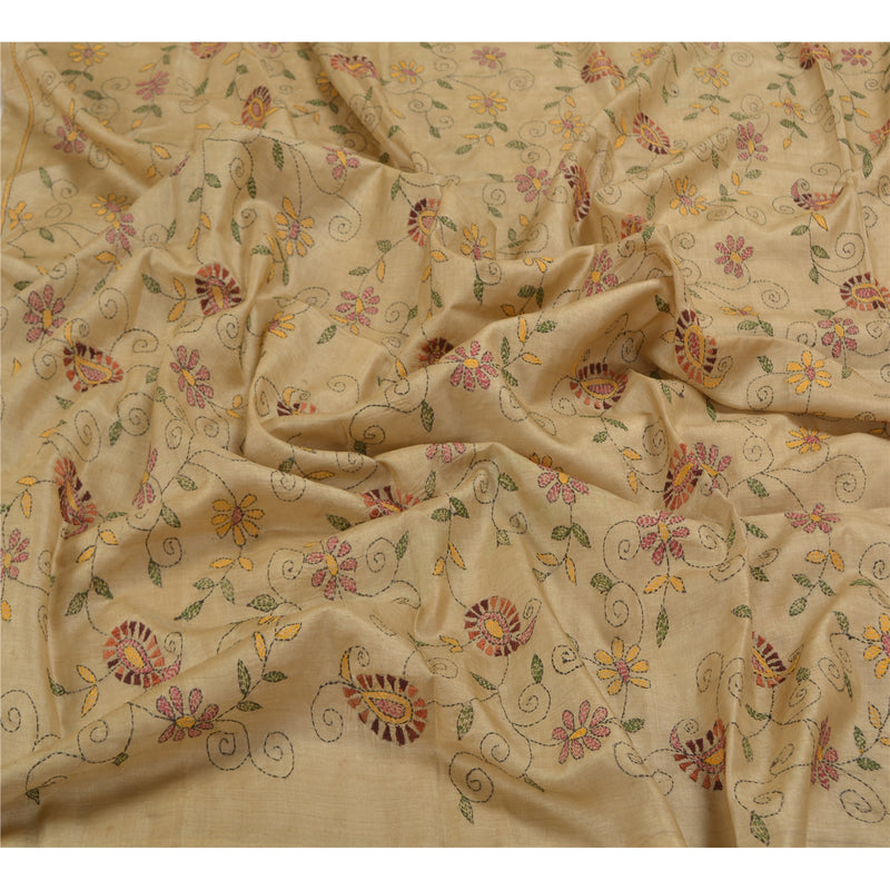 Санскрити Винтаж Ivory Heavy Dupatta Pure Silk Палантин Kantha с ручной вышивкой