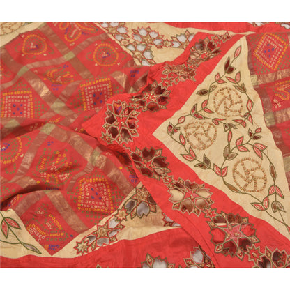 Sanskriti Vintage Dupatta Pure Silk Red Hand Beaded Bandhani Printed Stole Gujrat Traditional Indian Craft Supplies Fabric