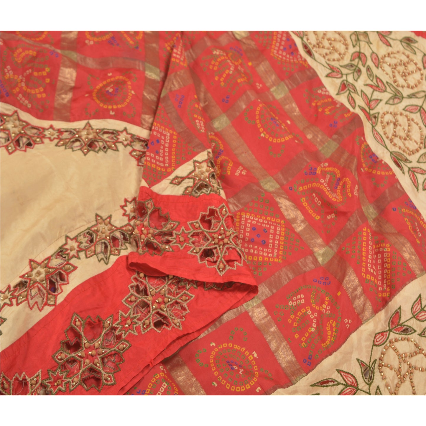 Sanskriti Vintage Dupatta Pure Silk Red Hand Beaded Bandhani Printed Stole Gujrat Traditional Indian Craft Supplies Fabric