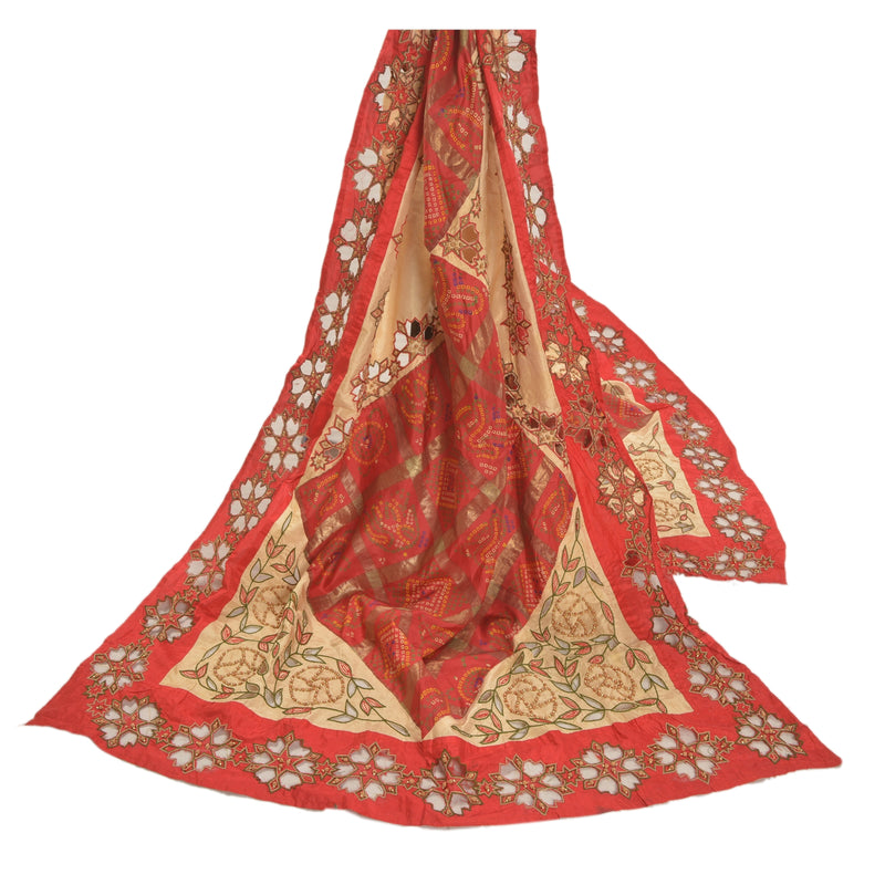 Sanskriti Vintage Dupatta Pure Silk Red Hand Beaded Bandhani Printed Stole Gujrat Traditional Indian Craft Supplies Fabric