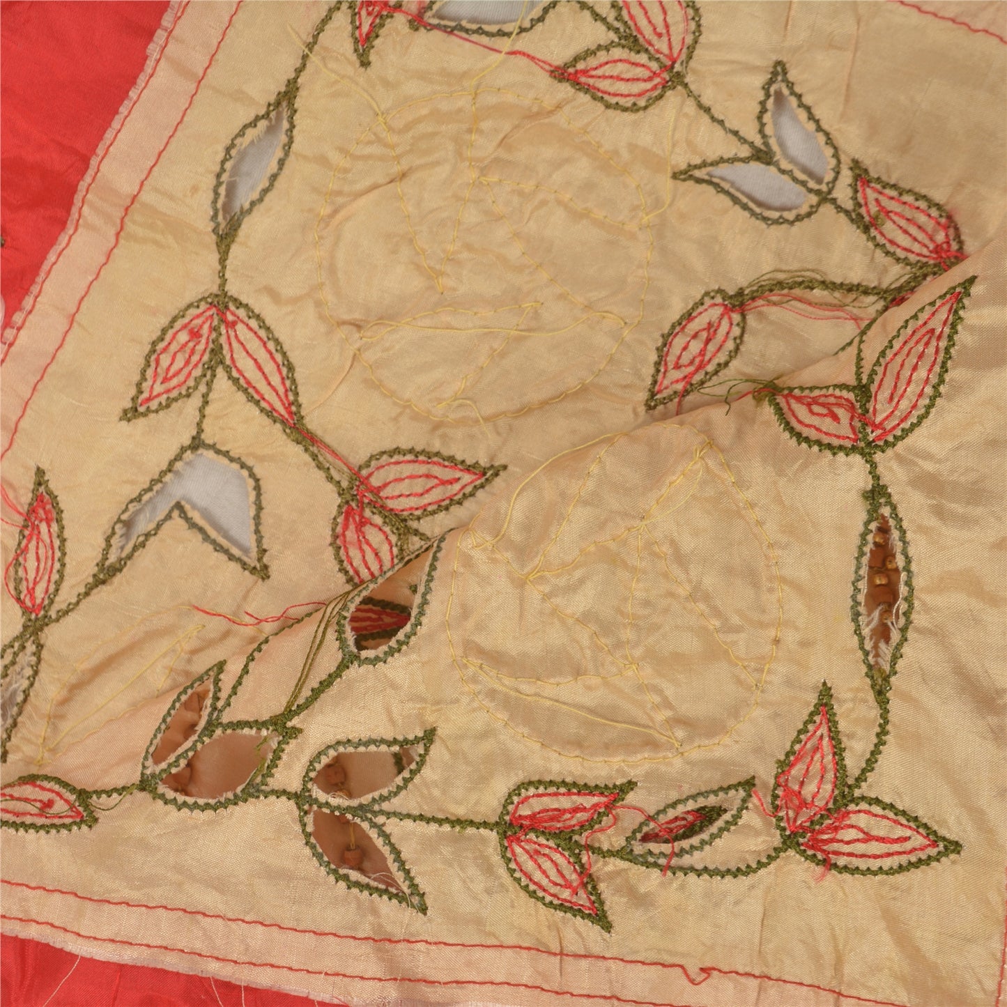 Sanskriti Vintage Dupatta Pure Silk Red Hand Beaded Bandhani Printed Stole Gujrat Traditional Indian Craft Supplies Fabric