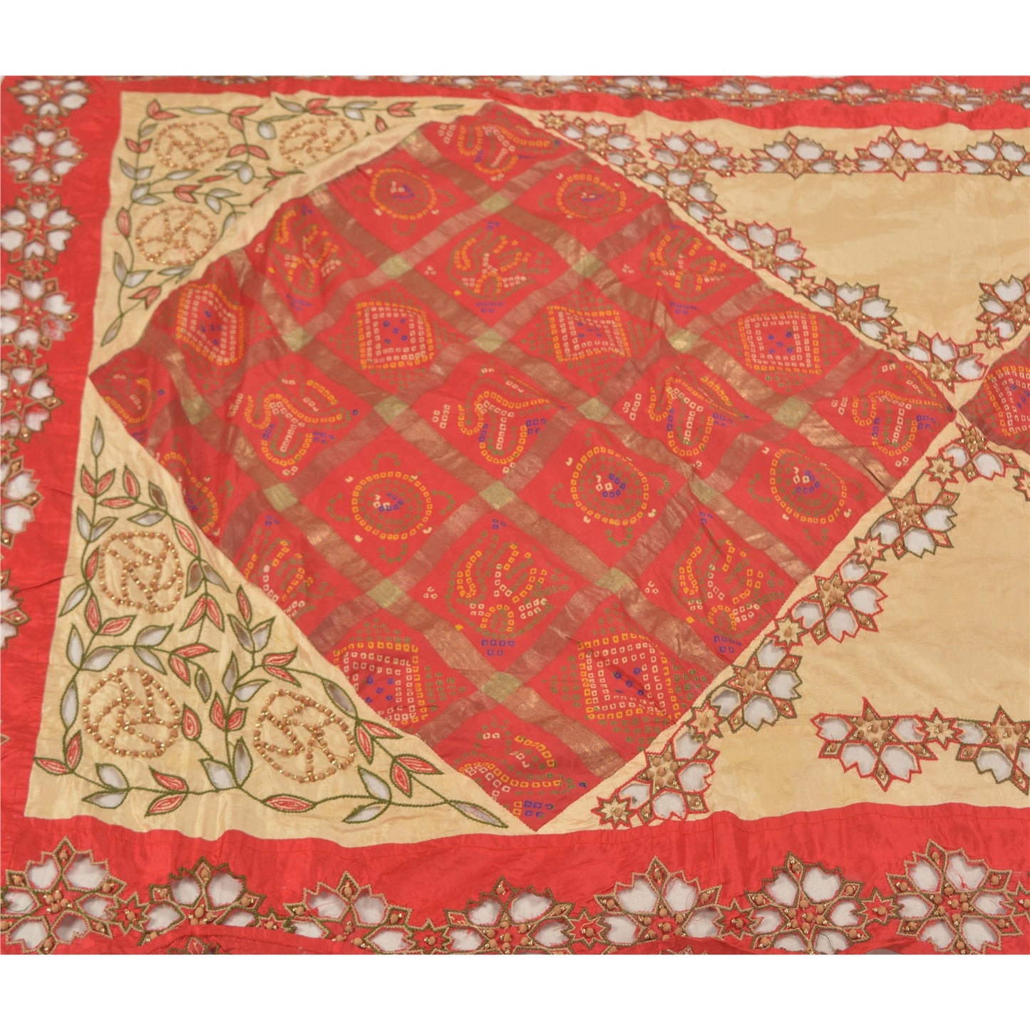 Sanskriti Vintage Dupatta Pure Silk Red Hand Beaded Bandhani Printed Stole Gujrat Traditional Indian Craft Supplies Fabric