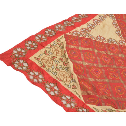 Sanskriti Vintage Dupatta Pure Silk Red Hand Beaded Bandhani Printed Stole Gujrat Traditional Indian Craft Supplies Fabric