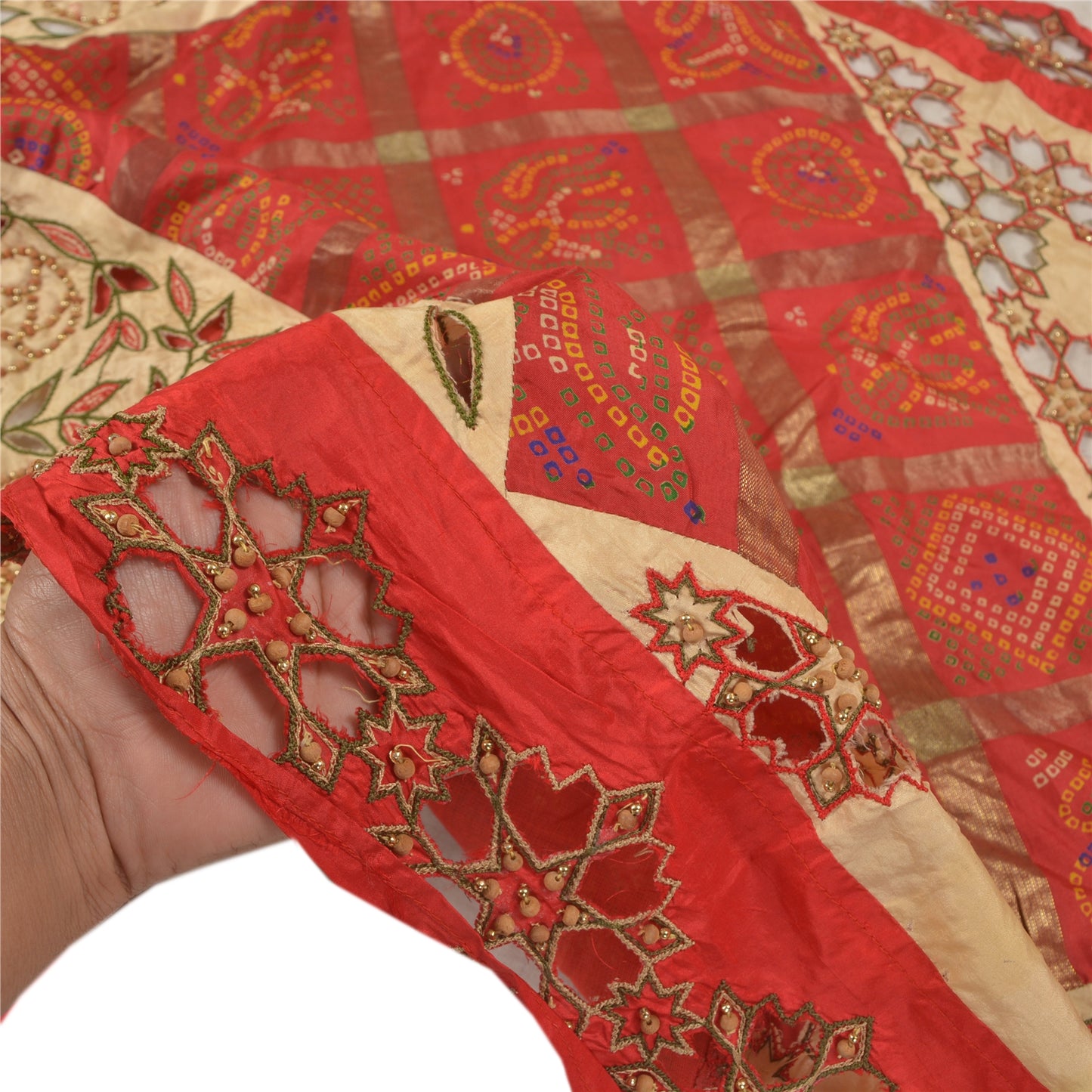 Sanskriti Vintage Dupatta Pure Silk Red Hand Beaded Bandhani Printed Stole Gujrat Traditional Indian Craft Supplies Fabric