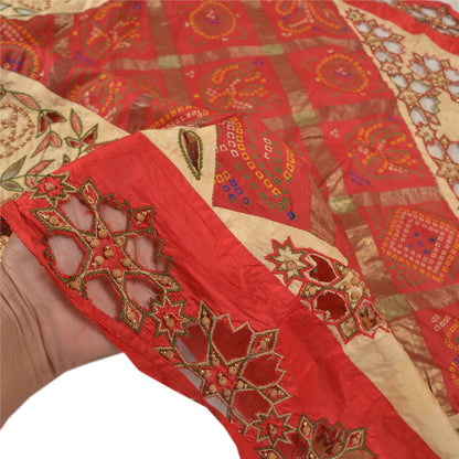 Sanskriti Vintage Dupatta Pure Silk Red Hand Beaded Bandhani Printed Stole Gujrat Traditional Indian Craft Supplies Fabric