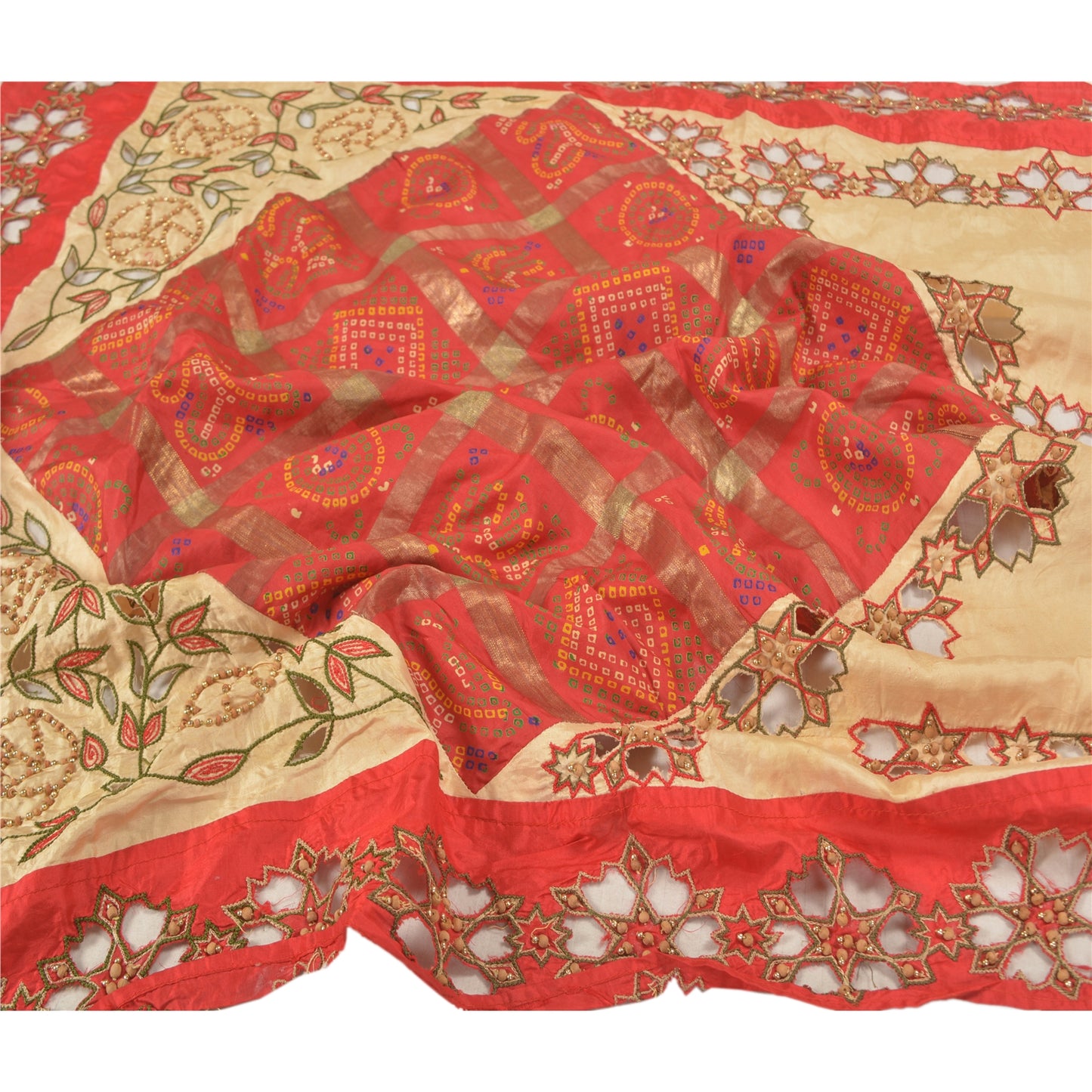Sanskriti Vintage Dupatta Pure Silk Red Hand Beaded Bandhani Printed Stole Gujrat Traditional Indian Craft Supplies Fabric