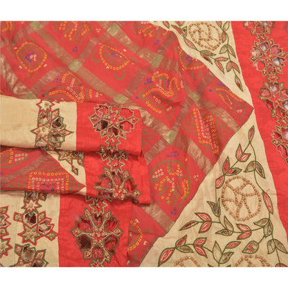 Sanskriti Vintage Dupatta Pure Silk Red Hand Beaded Bandhani Printed Stole Gujrat Traditional Indian Craft Supplies Fabric