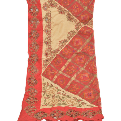 Sanskriti Vintage Dupatta Pure Silk Red Hand Beaded Bandhani Printed Stole Gujrat Traditional Indian Craft Supplies Fabric