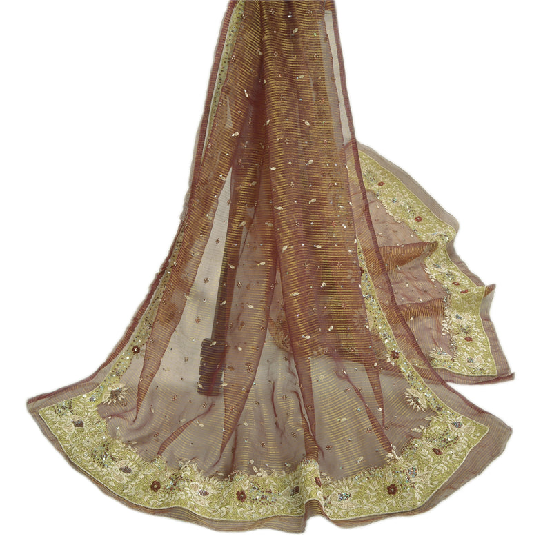 Sanskriti Vintage Tung Dupatta Kunstsilke Mørkerød Håndvævet Perlebesat Stola