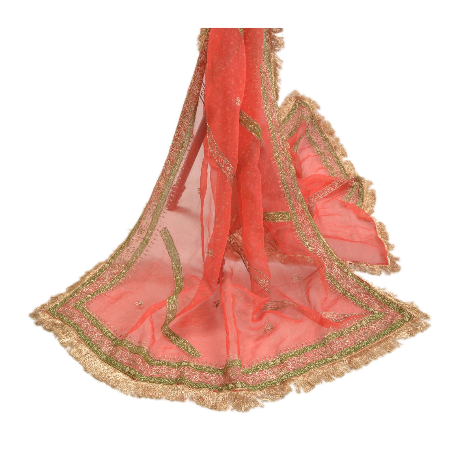 Sanskriti Vintage Red Heavy Dupatta Organza Hand Beaded Wedding Patch Work Stole